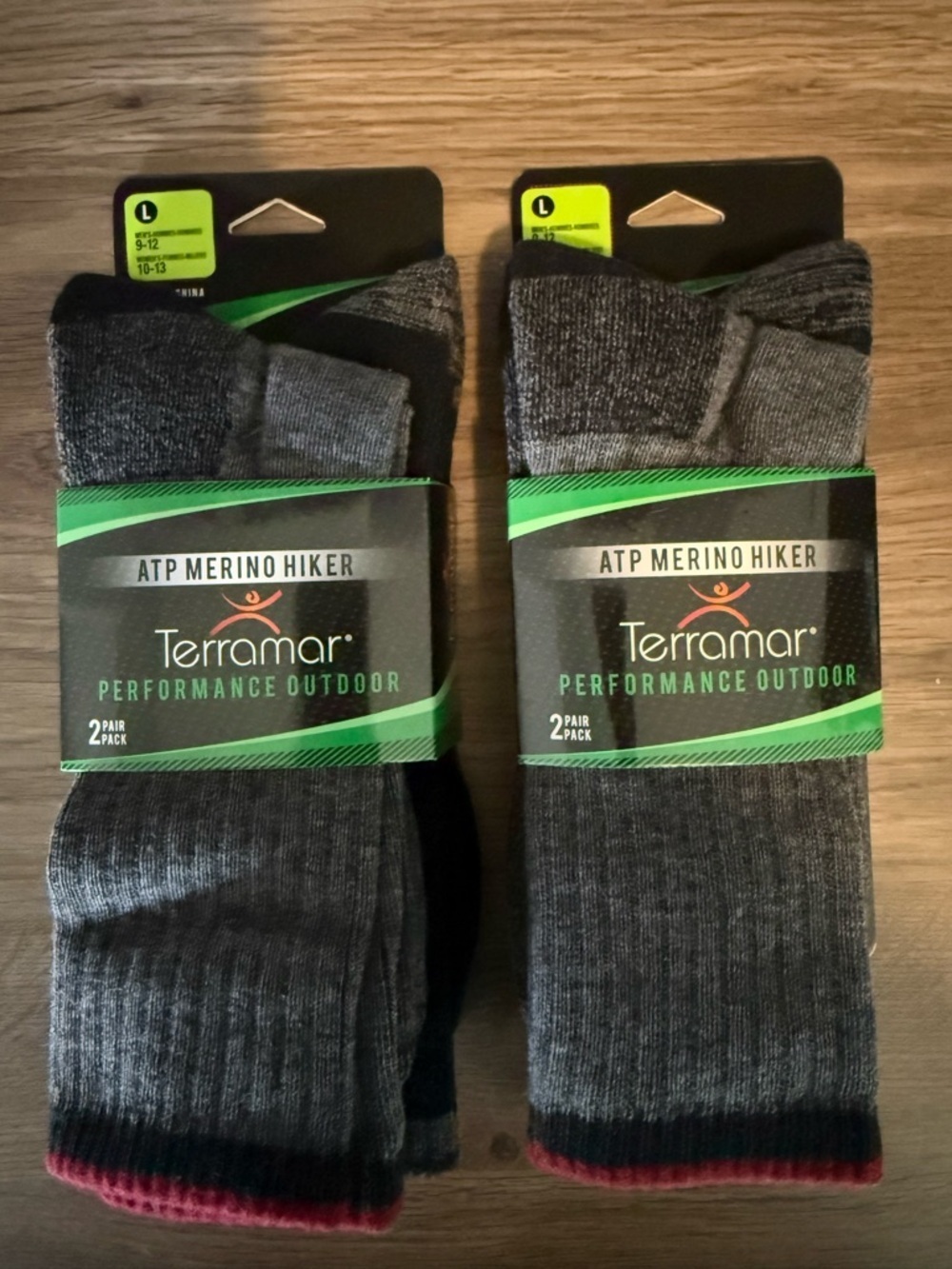 Terramar ATP Merino Hiking Unisex Crew socks, 2 packs of 2 • NWT • Size Large